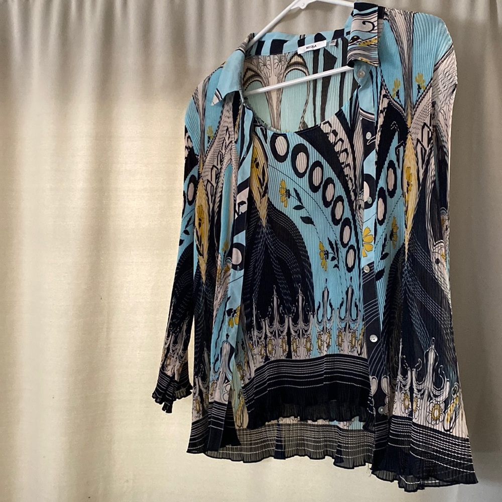 Blue, tan, black women’s button up top with matching tank.